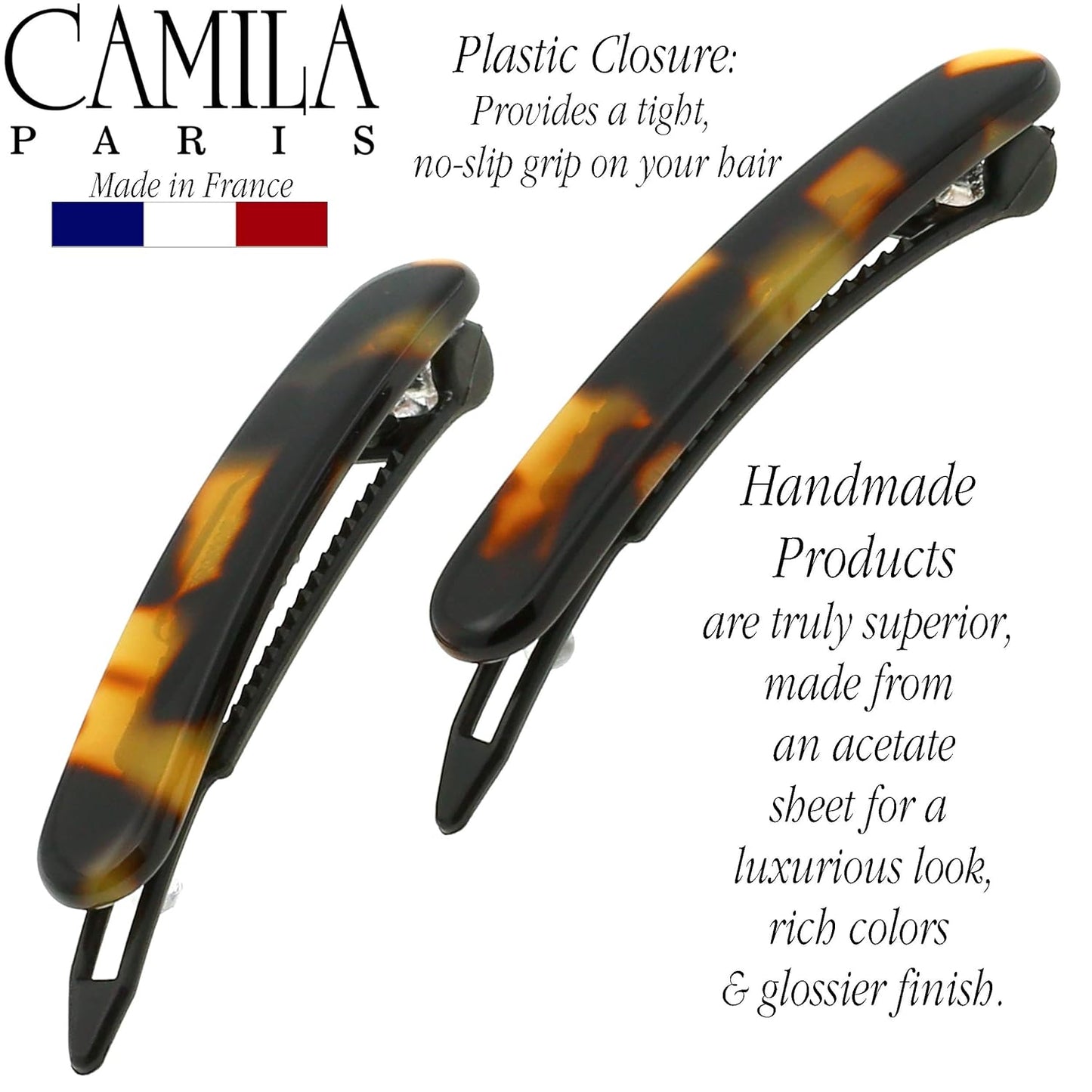 Camila Paris CP2240/2 French Hair Barrettes Clips for Women, Handmade, Girls Side Slide-in Barrette Clip, Hair Accessories for Women. Strong Hold No Slip Grip Fashion Durable Styling, Made in France