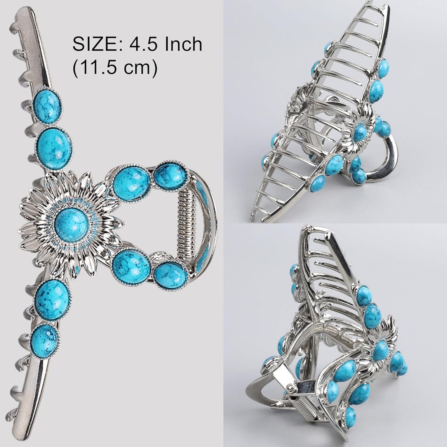 Turquoise Blue Stone Hair Clips, Large Metal Retro Sun Flower Style Claw Clip for Women Strong Hold Big Non-Slip Hair Catch Barrette Jaw Clamp for Long Thick Hair, Fashion Styling Accessories (2 Pack)