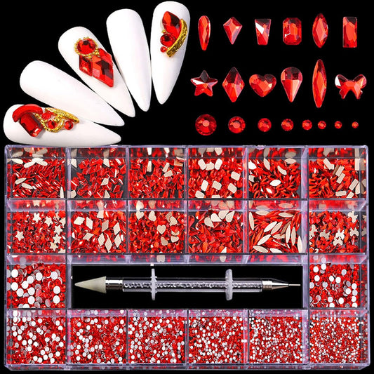 Nail Rhinestones Kit, Nail Art Decorations with Wax Pencil Flat AB Rhinestones Kit DIY Crafts Gemstones for Nail, Shoes, Clothes, Jewels (600 Red Diamonds + 2500 Flat Rhinestone)