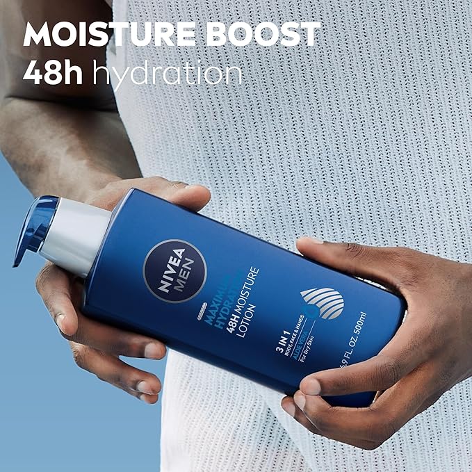 NIVEA MEN Maximum Hydration 48-Hour Moisture Body Lotion for Dry Skin, Aloe Vera Lotion for Men, 3-in-1 Body, Face and Hands, Dermatologically-Tested, 16.9 Fl Oz Bottle