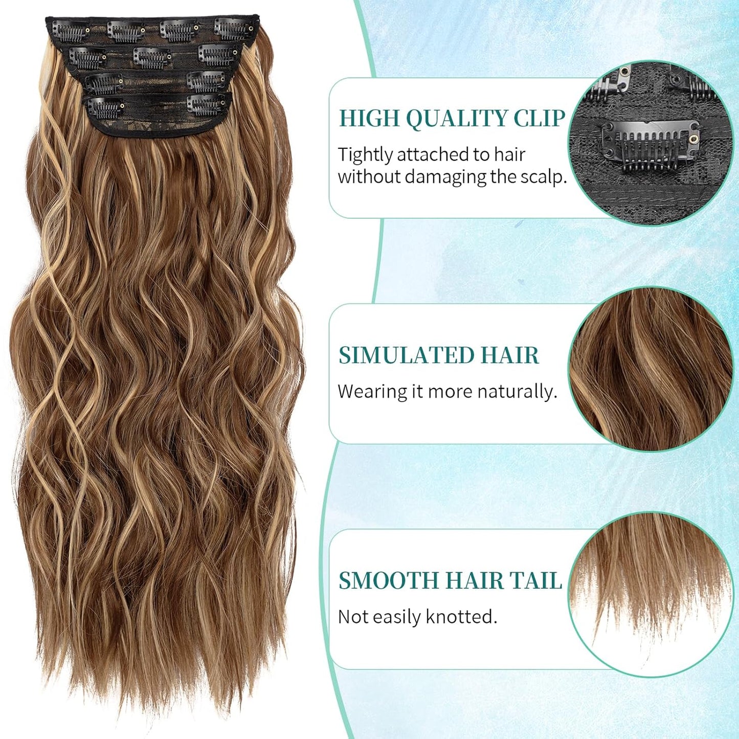KooKaStyle Clip in Synthetic Hair Extensions Long Wavy 4PCS Honey Blonde Mixed Light Fiber Double Weft Natural Hair Extensions 20 Inch for Women