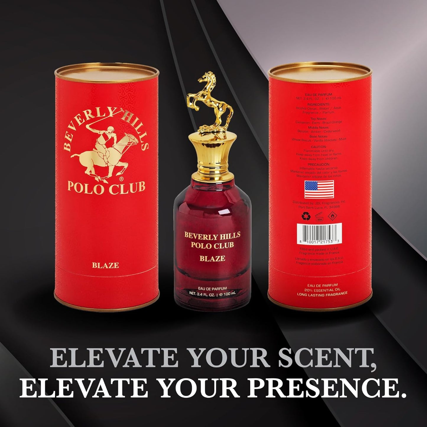 Beverly Hills Polo Club BLAZE Eau de Parfum for Men - 3.4 Fl Oz, Signature Long-Lasting Scent, Iconic Metal Horse Cap, Luxury Gift Box