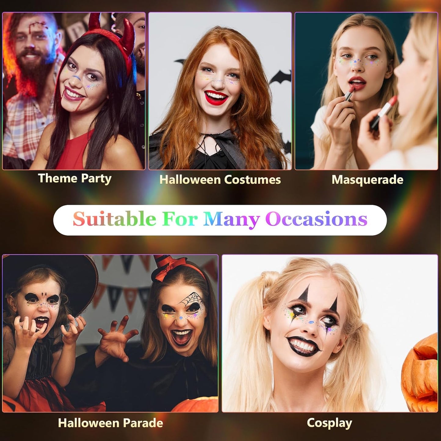 HyperFun 12Pcs Halloween Face Glitter Freckles, Glitter Freckles Face Tattoo Sticker, Holographic Multichrome Waterproof Sparkle Freckles Makeup Patches for Women Rave Festival Accessories Party Prom