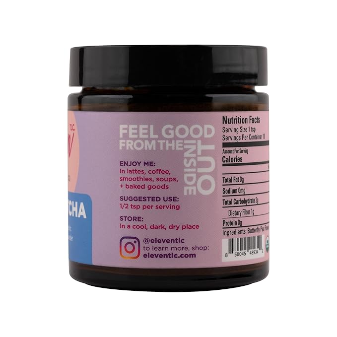 Eleven TLC, Blue Matcha Powder, 100% Organic Butterfly Pea Flower, Antioxidants, Wellness Support, Clitoria Ternatea, Caffeine -Free, GMO-Free, Smoothies, Cocktails, Mocktails, 18 Servings