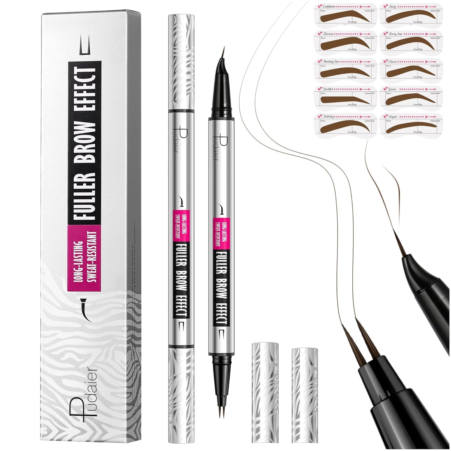 Pudaier 2 Pack 2 Fine Tip Eyebrow Pen, Waterproof Filling Faux Brow Makeup Pencils for Women with Precise Curved Brush-Tip to Fast Create Natural Hair-Like Brows, Last All-Day (Dark Brown)