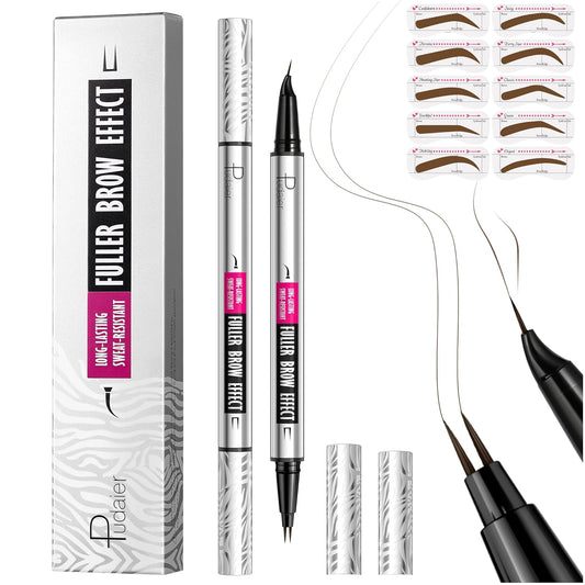 Pudaier 2 Pack 2 Fine Tip Eyebrow Pen, Waterproof Filling Faux Brow Makeup Pencils for Women with Precise Curved Brush-Tip to Fast Create Natural Hair-Like Brows, Last All-Day (Dark Brown)