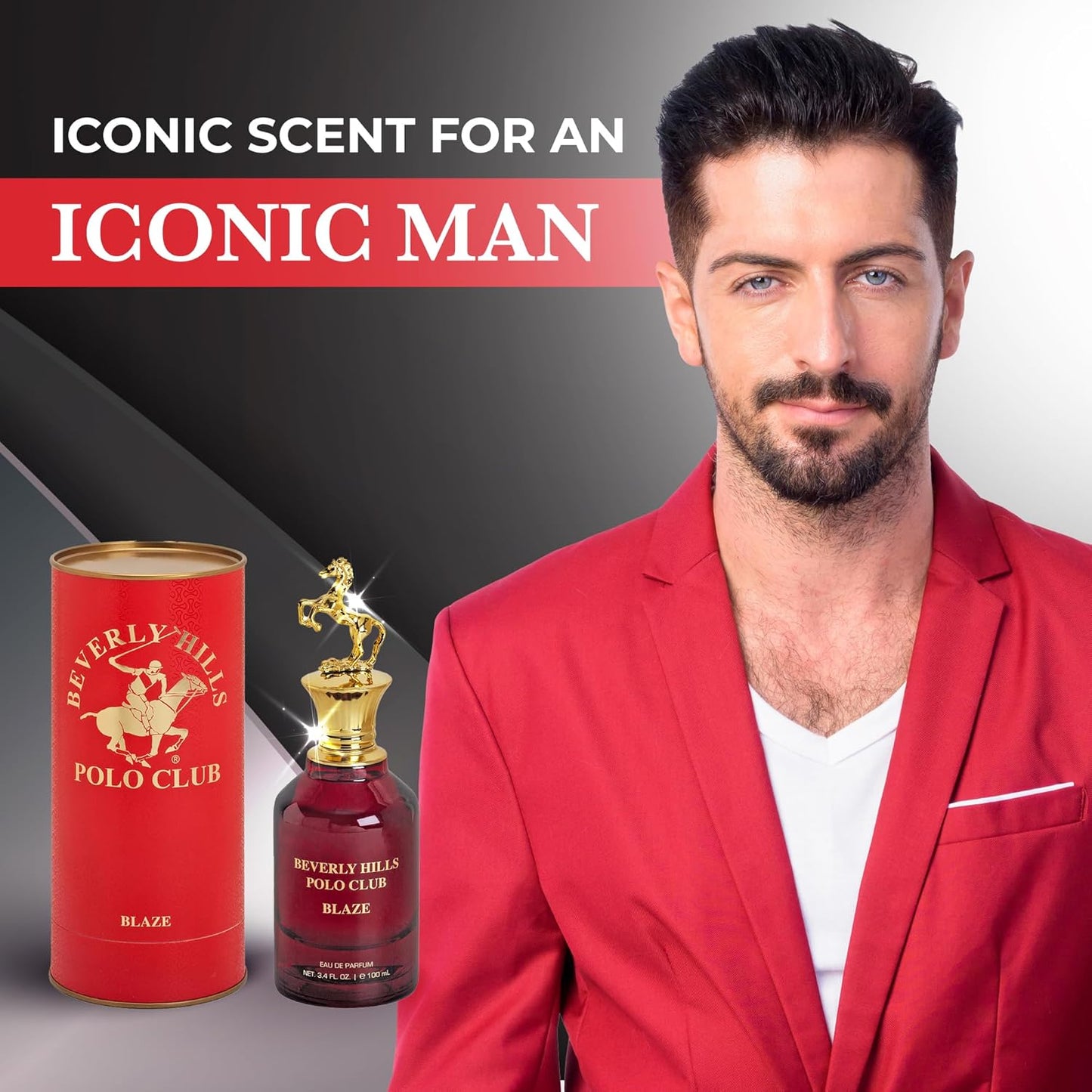 Beverly Hills Polo Club BLAZE Eau de Parfum for Men - 3.4 Fl Oz, Signature Long-Lasting Scent, Iconic Metal Horse Cap, Luxury Gift Box