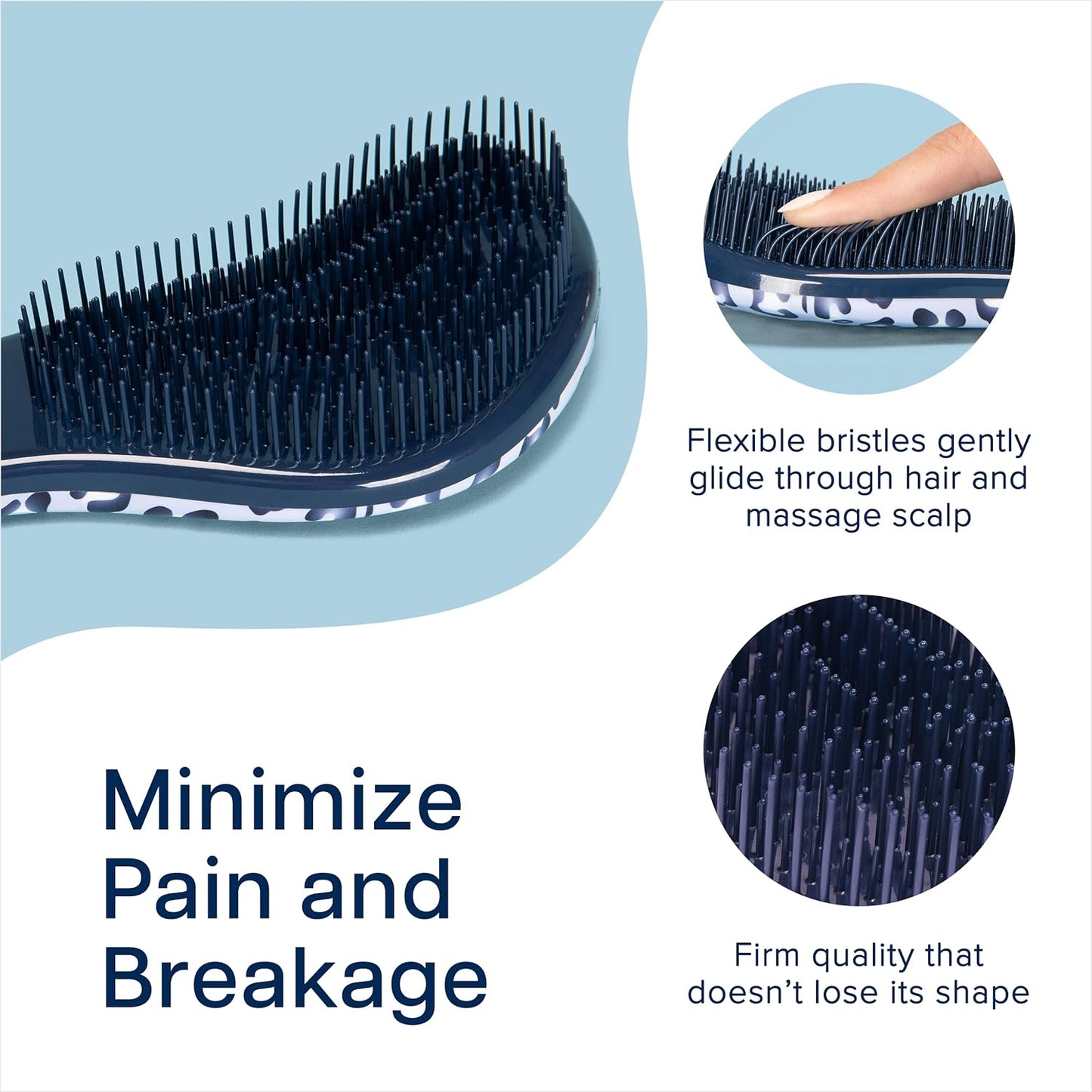 Crave Naturals Glide Thru Detangling Hair Brush for Adults and Kids - Detangler Hairbrush for Curly or Straight, Wet or Dry Hair - Gentle on Tangles Comb - Navy Blue and Blue Cheetah (Pack of 2)