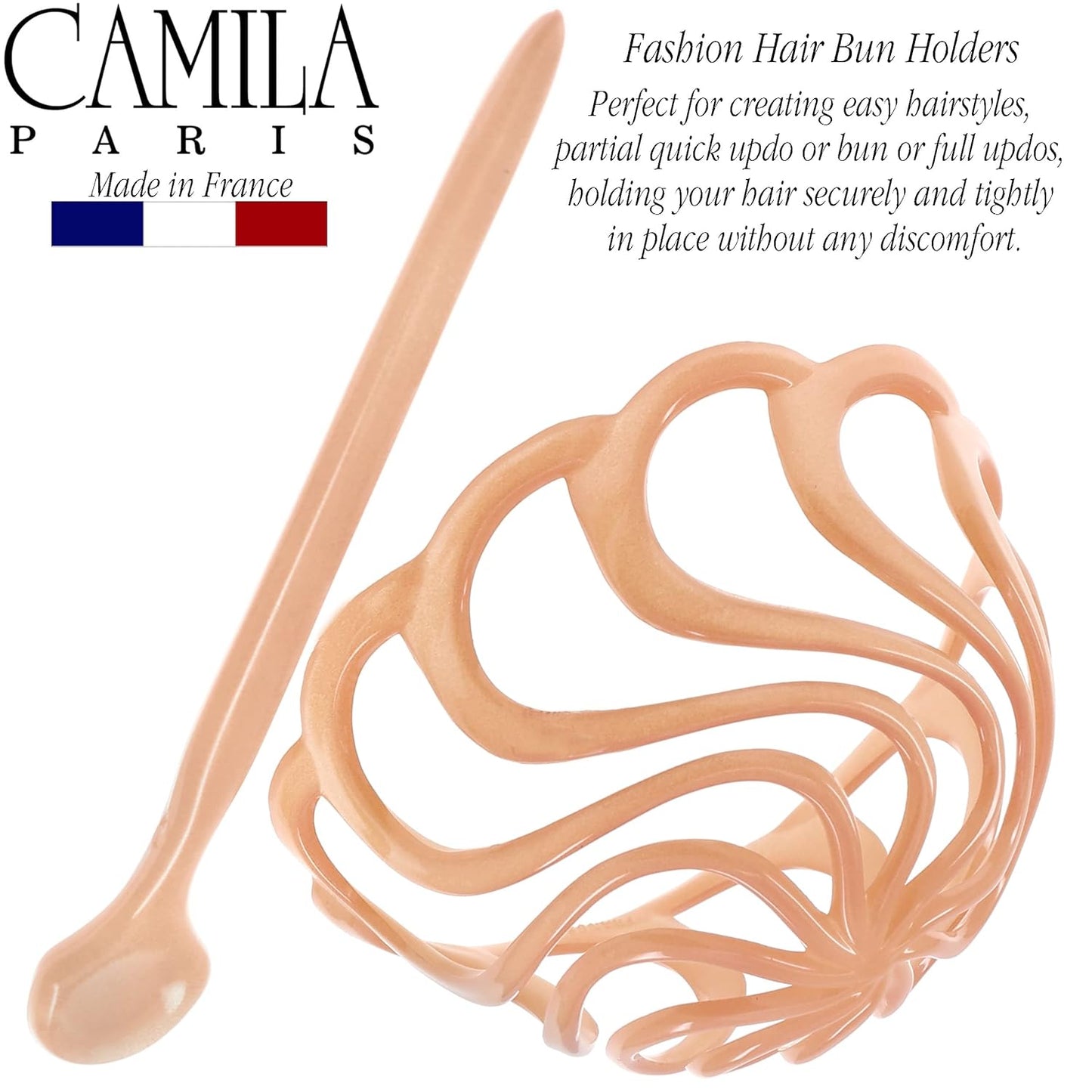Camila Paris CP2891 French Hair Bun Clip Maker Cover Cap Holder, Beige, Round Dome Bun Hair Clip for Women Hair Updo, Styling Hair Bun Accessories for Women, No Slip and Durable, Made in France