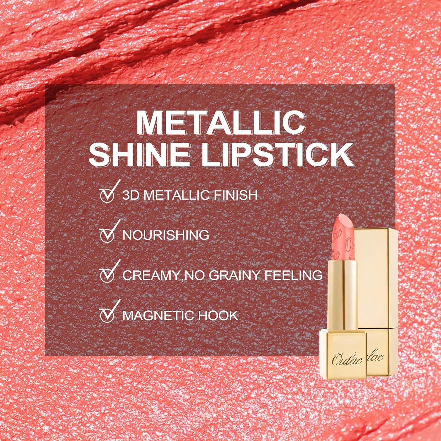 Oulac Matte Coral Lipstick with Glow Metallic Finish - Vegan Lipstick for Women, Creamy Texture, Hydrating Clean Beauty Formula, High-End Magnetic Hook Design, GM11 Aurora