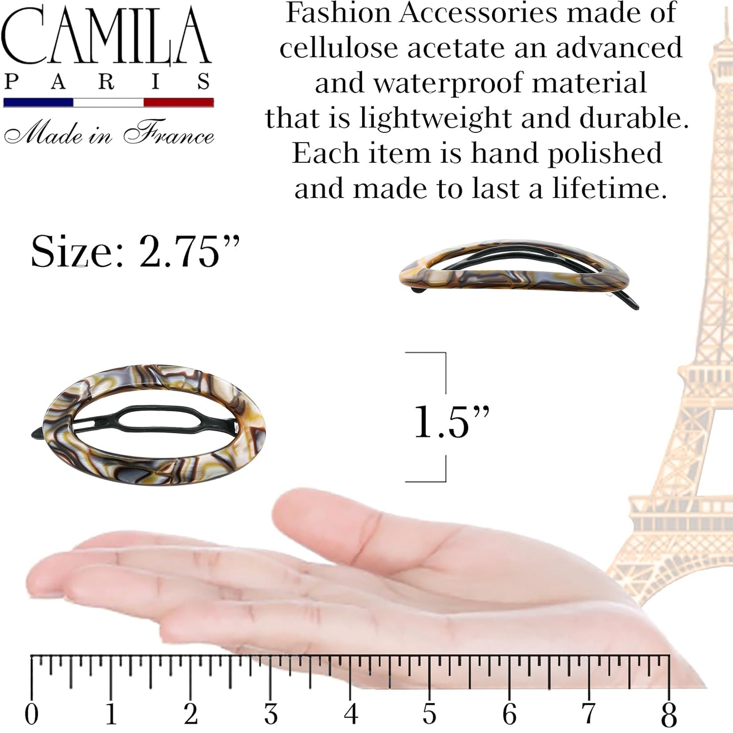 Camila Paris CP3362 French Hair Barrette Clip for Women, Handmade, Onyx, Slide-in Metal-Free Closure, Strong Hold Grip Hair Clips for Girls, No Slip Durable Styling Hair Accessories, Made in France