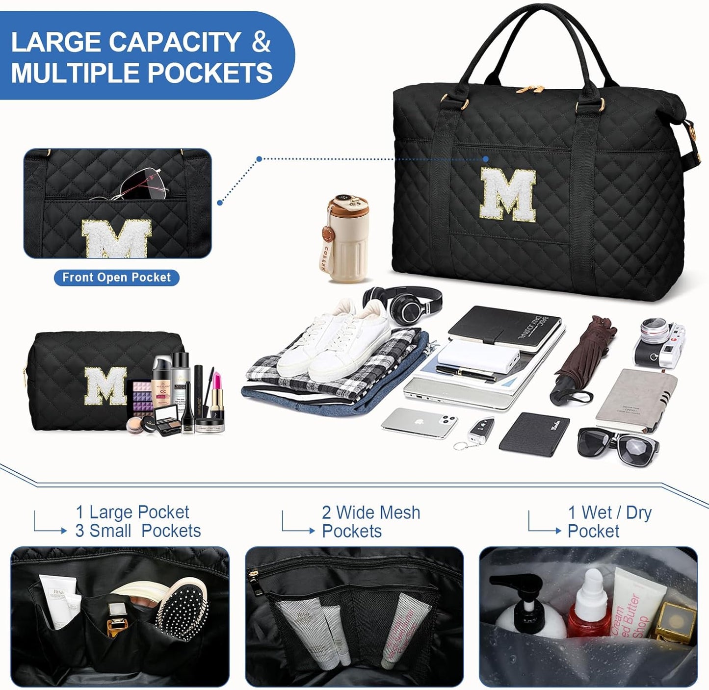 Gifts for Teen Girl, Initial Travel Duffle Bag, Personalized Women Weekender Overnight Bags, Gift for Daughter Kid Girl Wife Friend（Black,M)