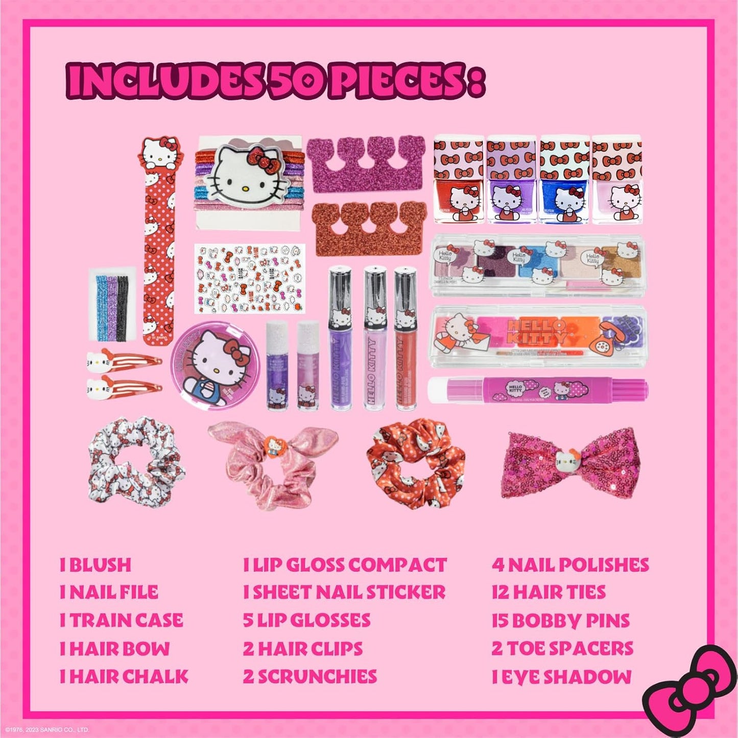 Hello Kitty Train Case Cosmetic Makeup Set Includes Lip Gloss, Eye Shimmer, Nail Polish, Hair Accessories & More! For Girls, Ages 6+ Perfect for Parties & Makeovers by Townley Girl