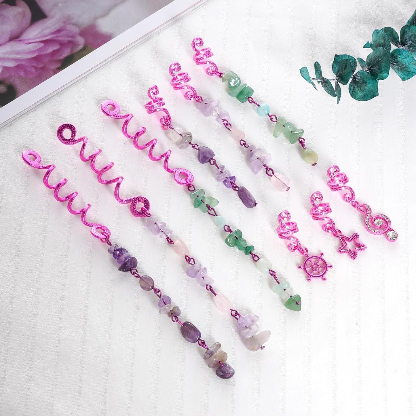 40Pcs hoyuwak Natural Colored Crystal Stone Hair Accessories - Metal Charms, Spirals, Cuffs, Rings for Braids, Locs, Dreadlocks, Rave Festival Hairstyle Decoration