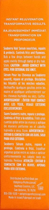 Obliphica Seaberry Leave in Hair Serum for Fine & Medium Hair - Vitamins and Omegas for Frizz Free & Nourished Hair - Hair Serum for Dry Hair and Growth - 2.2 Fl Oz