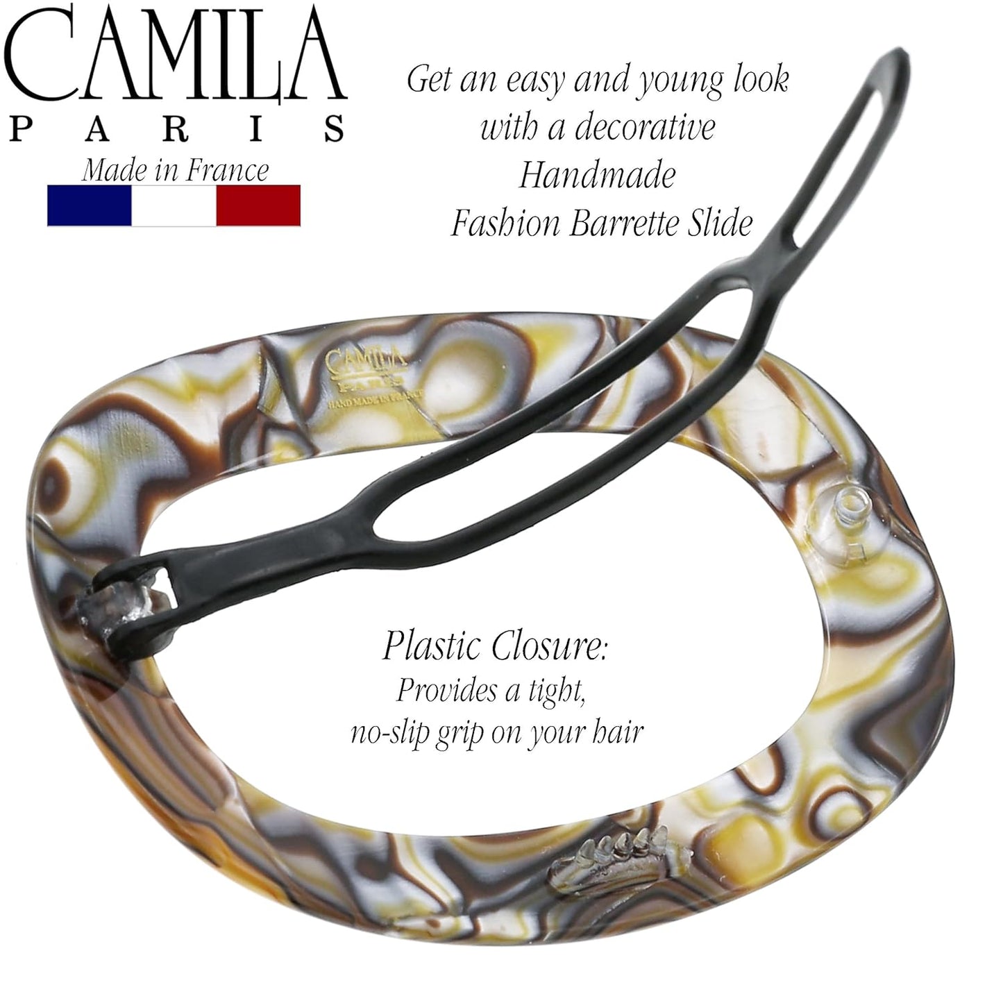 Camila Paris CP3355 French Hair Barrette Clip for Women, Handmade, Onyx, Slide-in Metal-Free Closure, Strong Hold Grip Hair Clips for Girls, No Slip Durable Styling Hair Accessories, Made in France