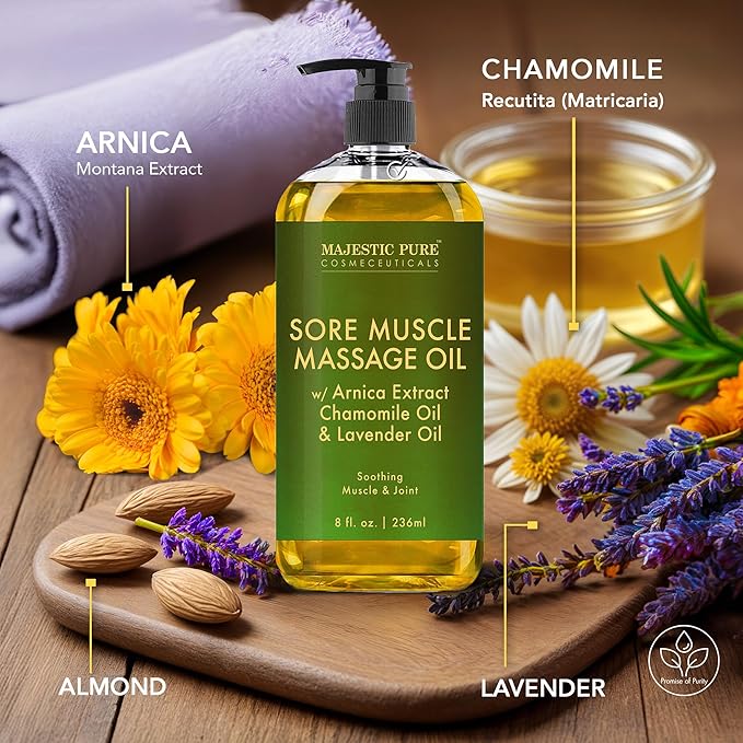 Majestic Pure Arnica Sore Muscle Massage for Massage Therapy - Natural Oil with Lavender and Chamomile Essential Oils - Multipurpose Instant Absorption Full Body Massage Oil - 8 Fl Oz (Pack of 2)