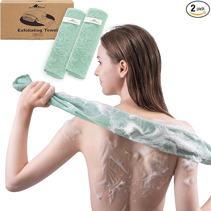 myHomeBody Exfoliating Washcloths for Showering, Loofah Body Scrubber Exfoliator, Back Shower Towel, Bath Washer for Exfoliation, Light Green, Set of 2