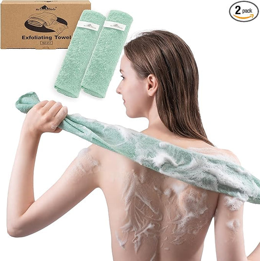 myHomeBody Exfoliating Washcloths for Showering, Loofah Body Scrubber Exfoliator, Back Shower Towel, Bath Washer for Exfoliation, Light Green, Set of 2