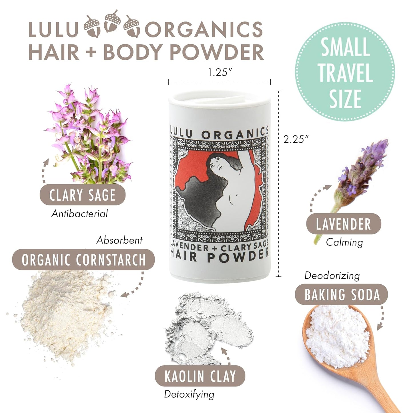 Non Aerosol Dry Shampoo Powder for Dark, Blonde and Oily Hair, All Natural Organic Hair and Body Powder, Paraben &Talc free No White Cast Synthetic Fragrance, Travel Size, Lavender & Clary Sage -1oz