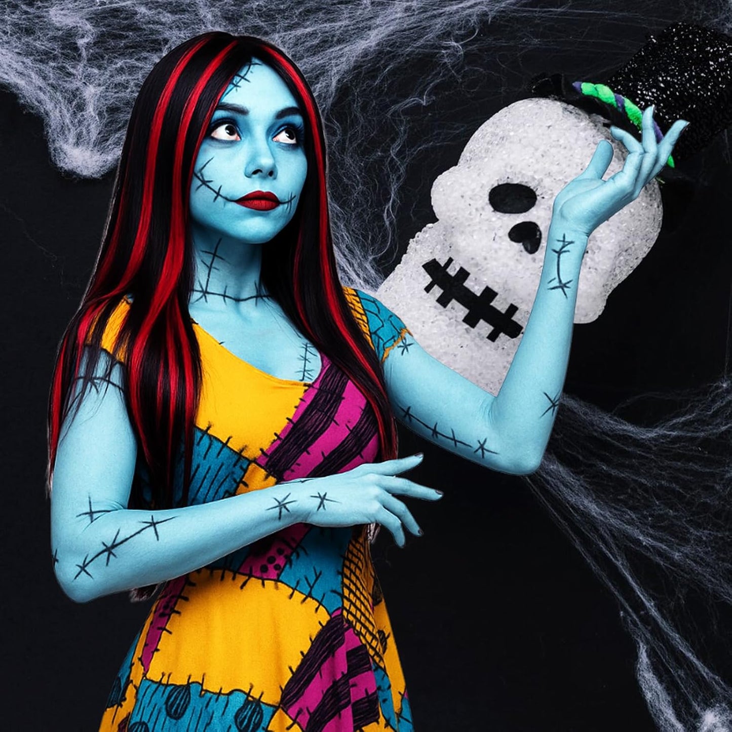 Halloween Makeup Kit for Sally Costume Women Girls Kids,Sally Face Cosplay Accessories with Light Blue Face Paint,Black Liquid Eyeliner,Red Lipstick,Clip in Hair Extensions,Setting Powder&Sponges