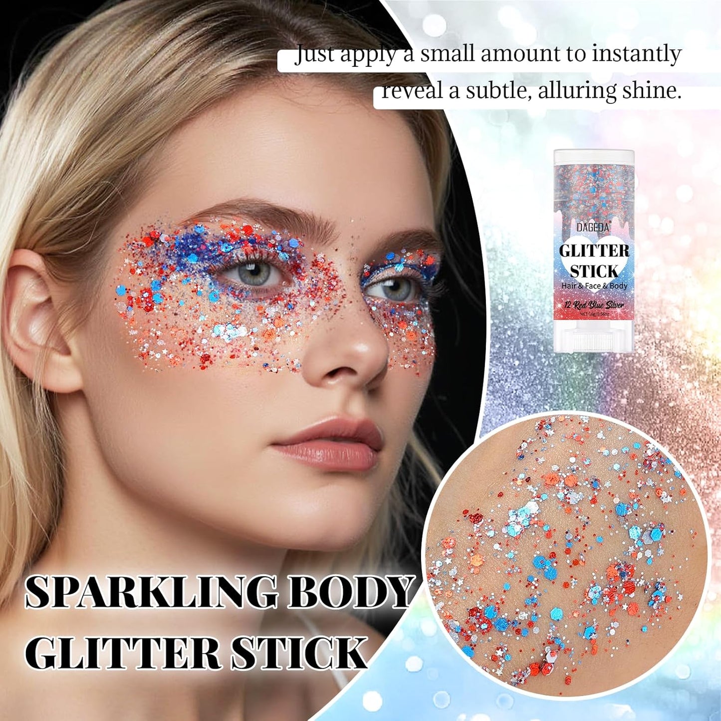 DAGEDA Red White and Blue Body Glitter Stick, Sparkly Face Glitter Makeup, 4th of July Outfits Accessories for Women, Shimmer Face Paint Stick, Fourth of July Independence Day Costumes Accessories