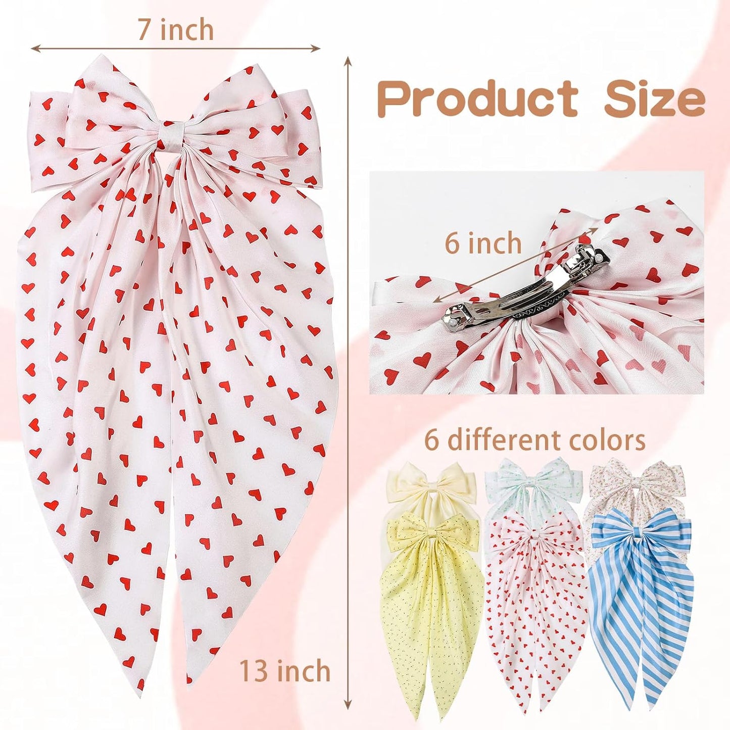 6 PCS Hair Bows for Women, Big Bow Hair Clips for Girls, Silky Satin Hair Bows Clips Oversized Long Tail, Large Cute Aesthetic Hair Accessories, Metal Bow Hair Clips Holiday Gifts