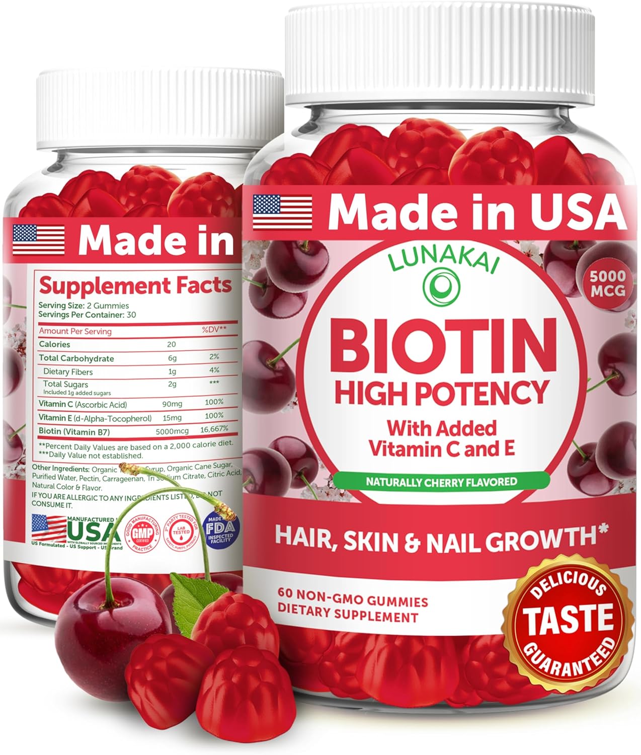 Lunakai USA Made Biotin Gummies 5000mcg with Vitamin C & E - Delicious Hair Skin Nails Vitamins for Women, Non-GMO, Hair Growth Supplement, 60 Ct