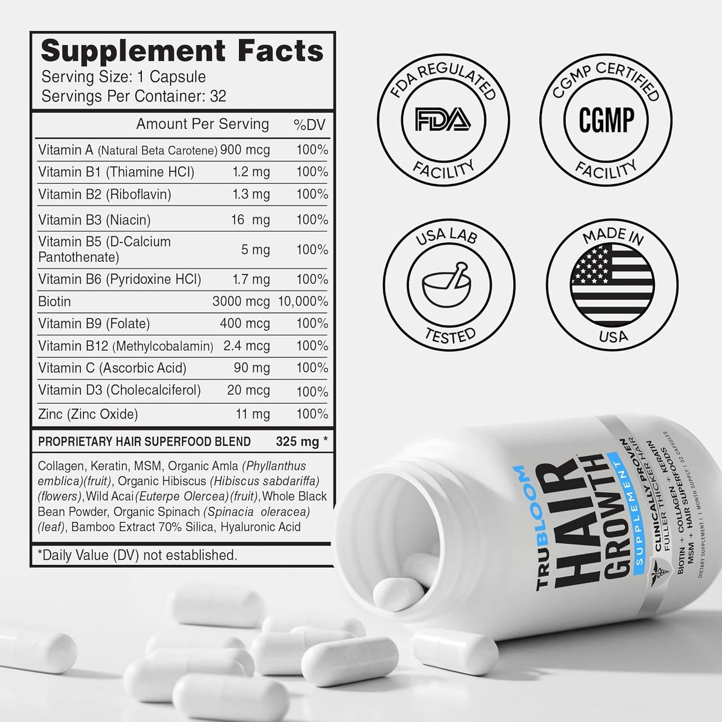 Tru Bloom Hair Growth Vitamins - 1 Month Supply. Clinically Proven to Grow Fuller, Thicker Hair. Drug-Free with Biotin, Collagen, Keratin, MSM, Zinc, D3 + Hair Superfoods