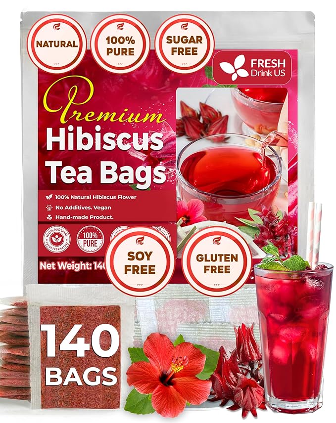 FreshDrinkUS, Premium 140 Hibiscus Flowers Tea Bags, 100% Natural, Handmade, Pure from Hibiscus Flowers. Loose Flower Hibiscus Herbal Tea. Hibiscus Flower Tea. No Sugar/Caffeine/Gluten, Vegan.