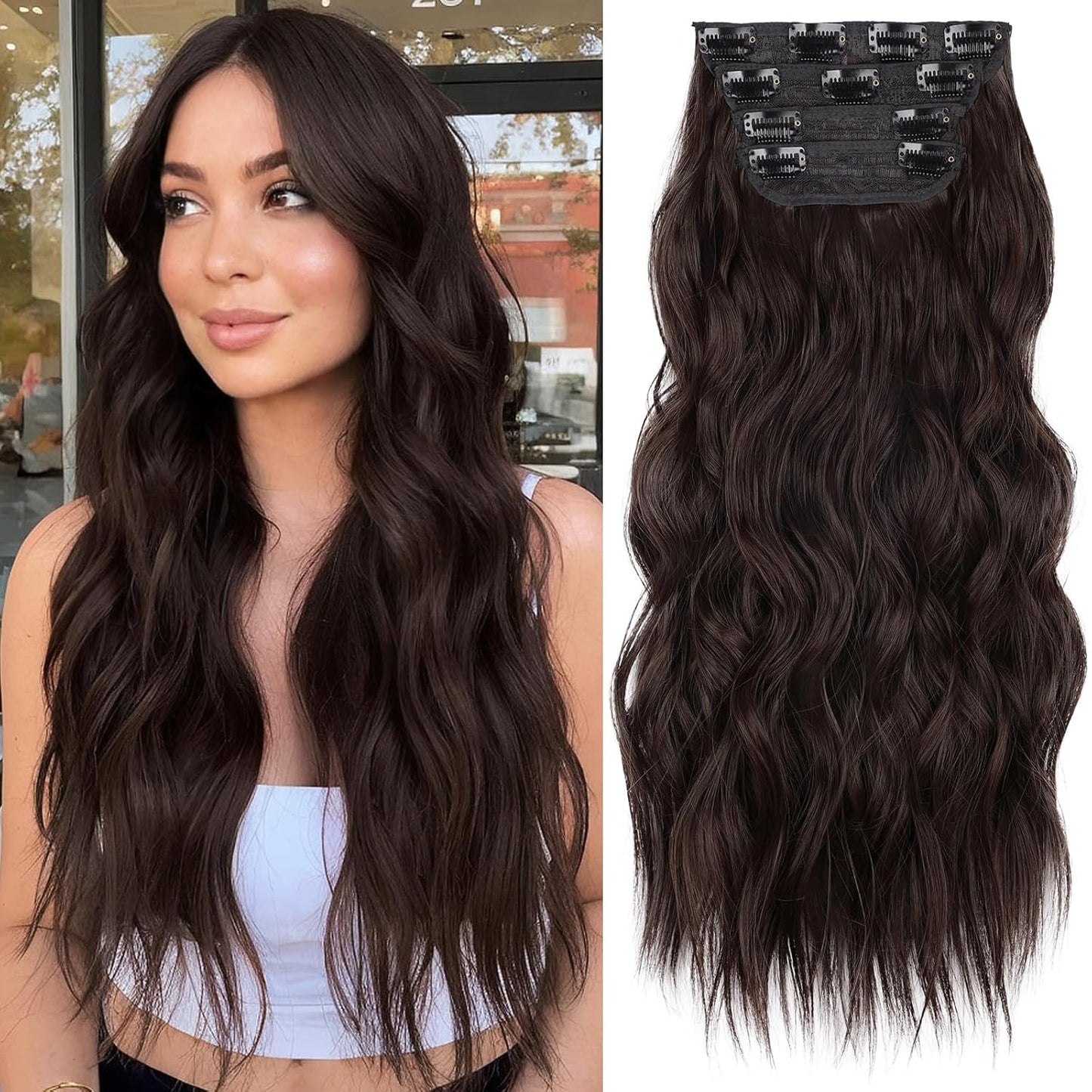 KooKaStyle Clip in Synthetic Hair Extensions Long Wavy 4PCS Thick Hairpieces Chocolate Brown 33Y# Fiber Double Weft Natural Hair Extensions 20 Inch for Women