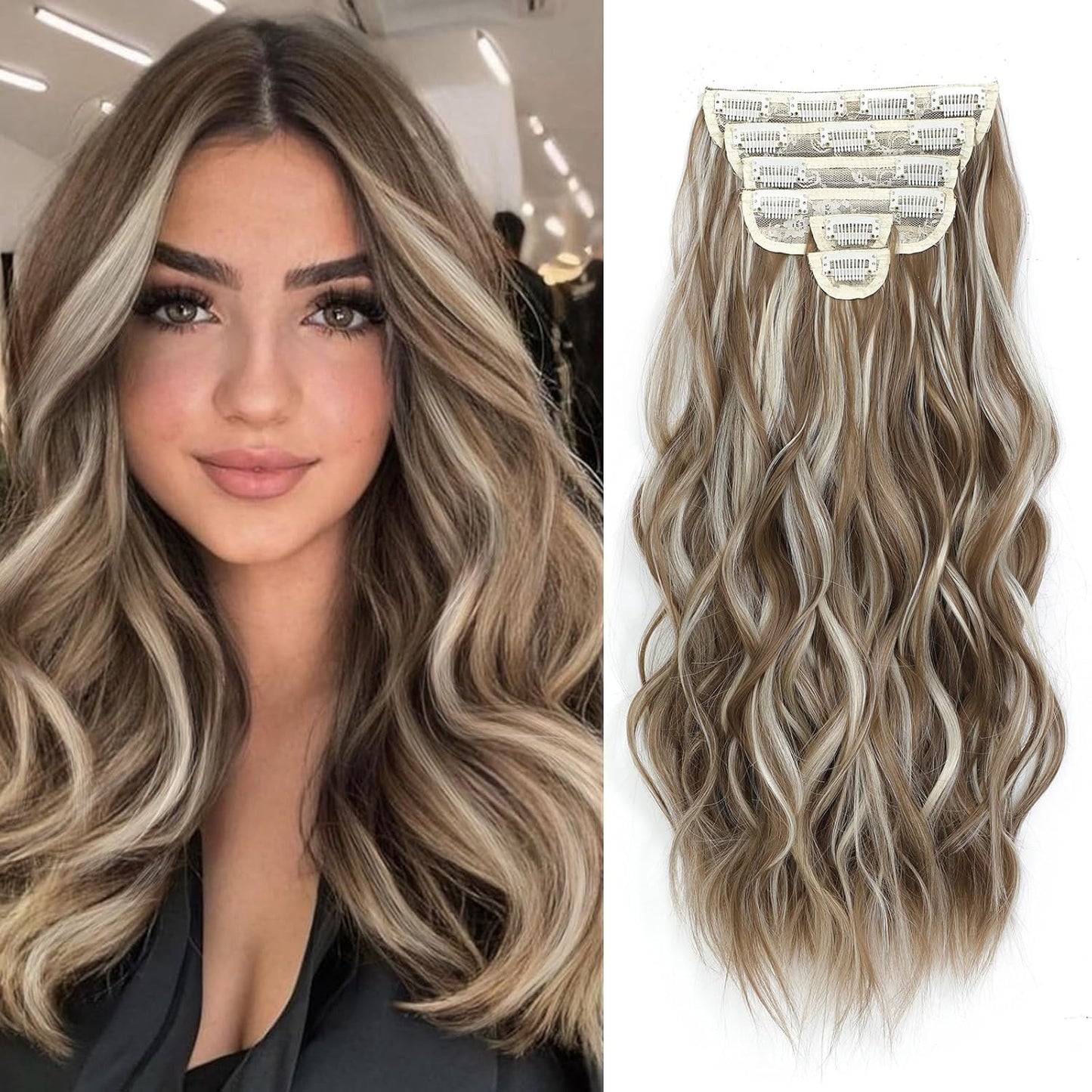 Hair Extensions Clip ins, 6 PCS Wavy Extensions, Brown with Blonde Highlights Thick Hairpieces, Blends Well Hair (16Inch, 6PCS, Brown with Blonde Highlights)