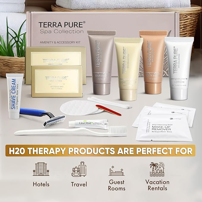 Terra Pure Spa Collection Amenity & Accessory Kit |1 oz Travel Size Shampoo, Conditioner, Lotion, Body Wash, 2 Soap Bars, Shave & Dental Sets, Make-Up Remover Wipes, & Vanity Kit | 1 set per case