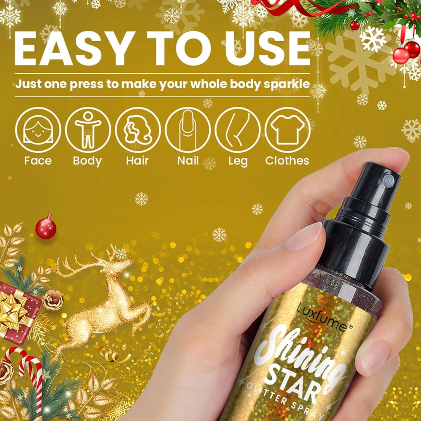 MEICOLY Gold Body Glitter Spray,100ML(3.53OZ),Liquid Glitter Hairspray,Sparkle Hair Spray,Glitter Spray for Hair/Body/Clothes,Body Shimmer for Skin,Lightweight,Long Lasting