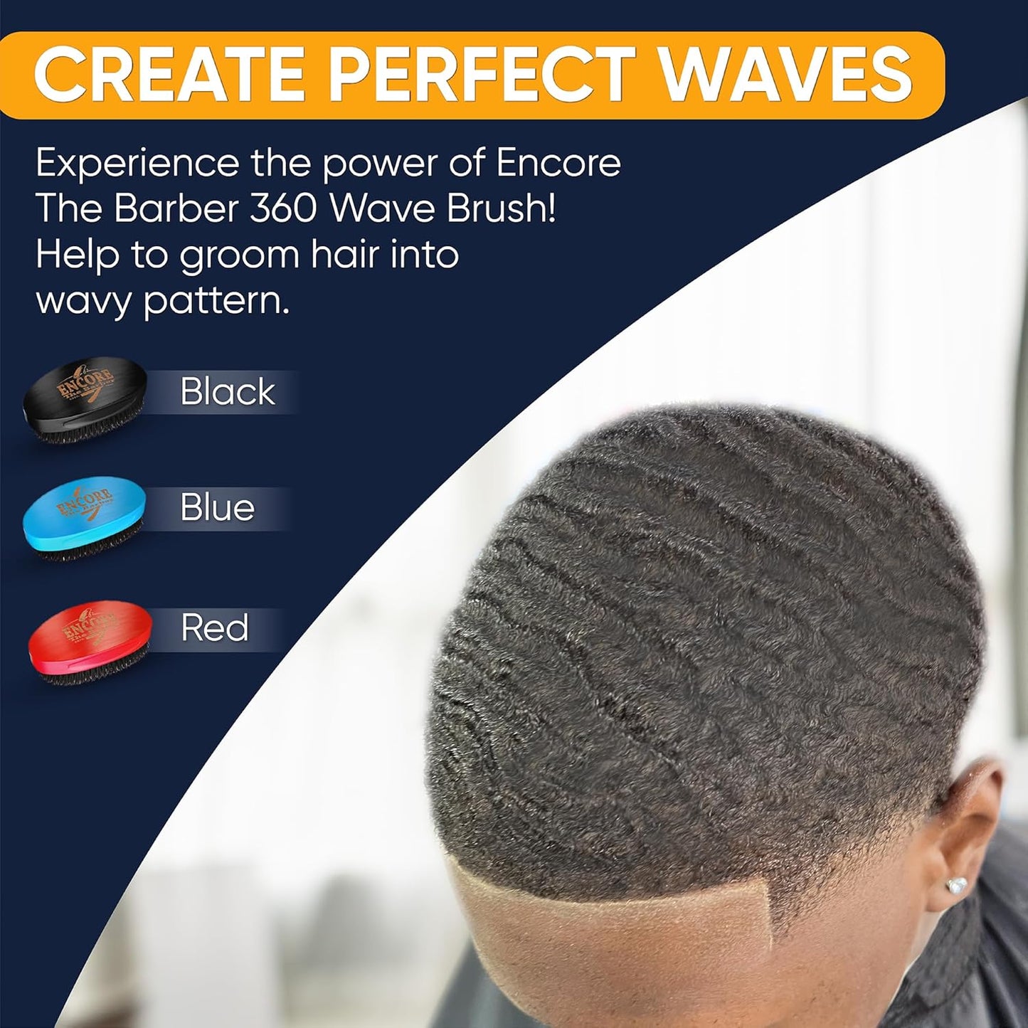 360 Wave Brush medium boar bristle | curved - palm - for man - women - boys - girls - hair waves(Blue)