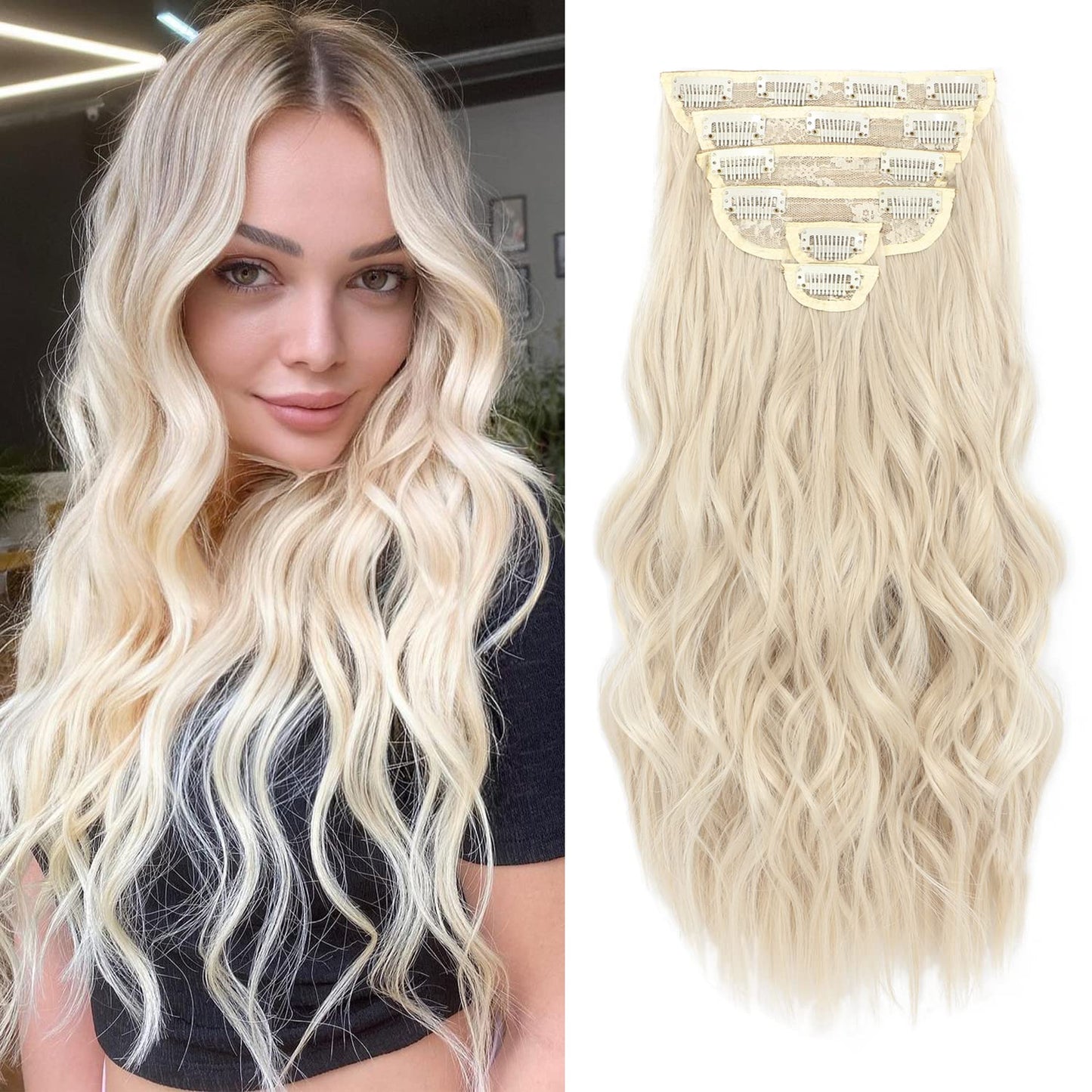 Clip in Hair Extensions, 6 pcs Natural & Soft Hair & Blends Well Hair Extensions, Dark White Lonng Wavy Hairpieces(20inch, 6pcs,Dark White)