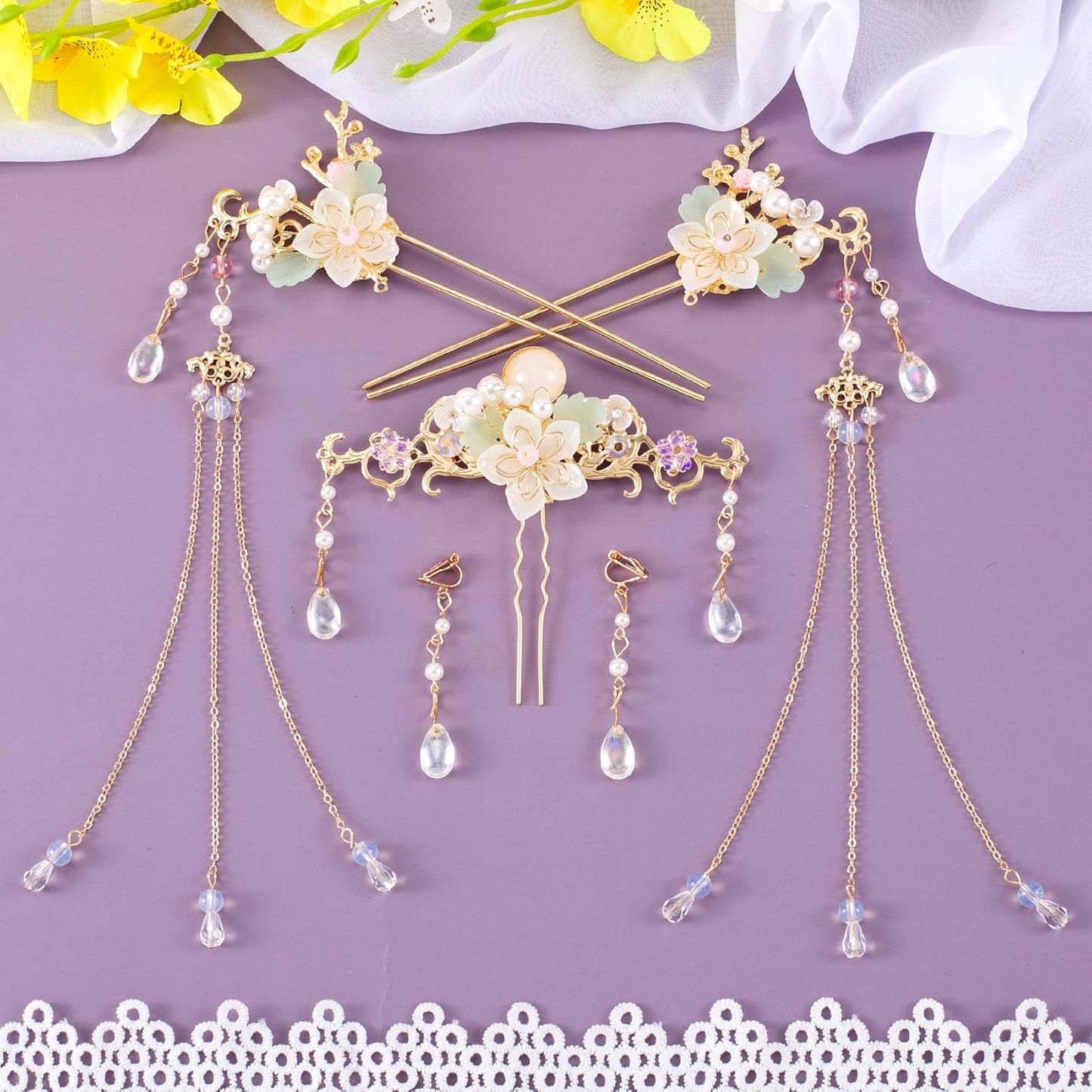 5PCS Orchid Flower Tassels Hairpin, Crystal Rhinestone Pearl Hair Clips Headpiece Retro Chinese Hanfu Floral Wedding Brides Hair Accessories Jewelry for Women Girls Updo Long Hair