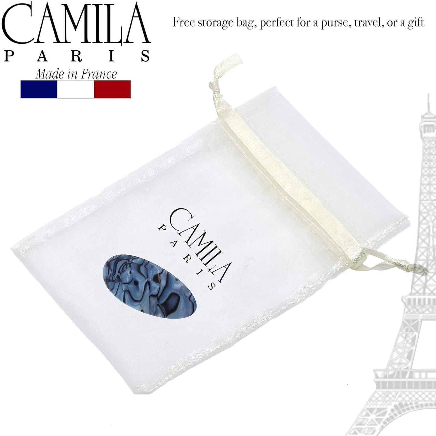 Camila Paris CP2984 French Hair Barrette Clip Handmade Oval Blue, Strong Hold Grip Hair Clips for Women, No Slip Rubberized Metal Closure, Durable Styling Girls Hair Accessories, Made in France