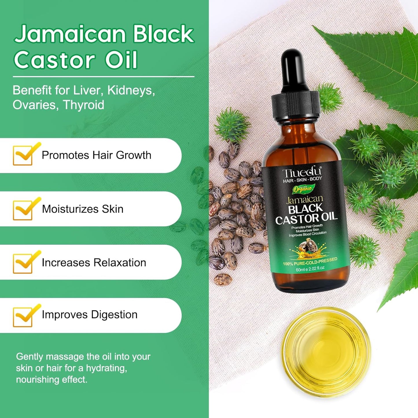 Tiuedu 2PCS Jamaican Black Castor Oil for Hair Growth,Thicker Eyelashes & Eyebrows,Castor Oil for Face,Body & Skin,100% Pure Cold Pressed Black Castor Oil,Hair Nourishing Oil