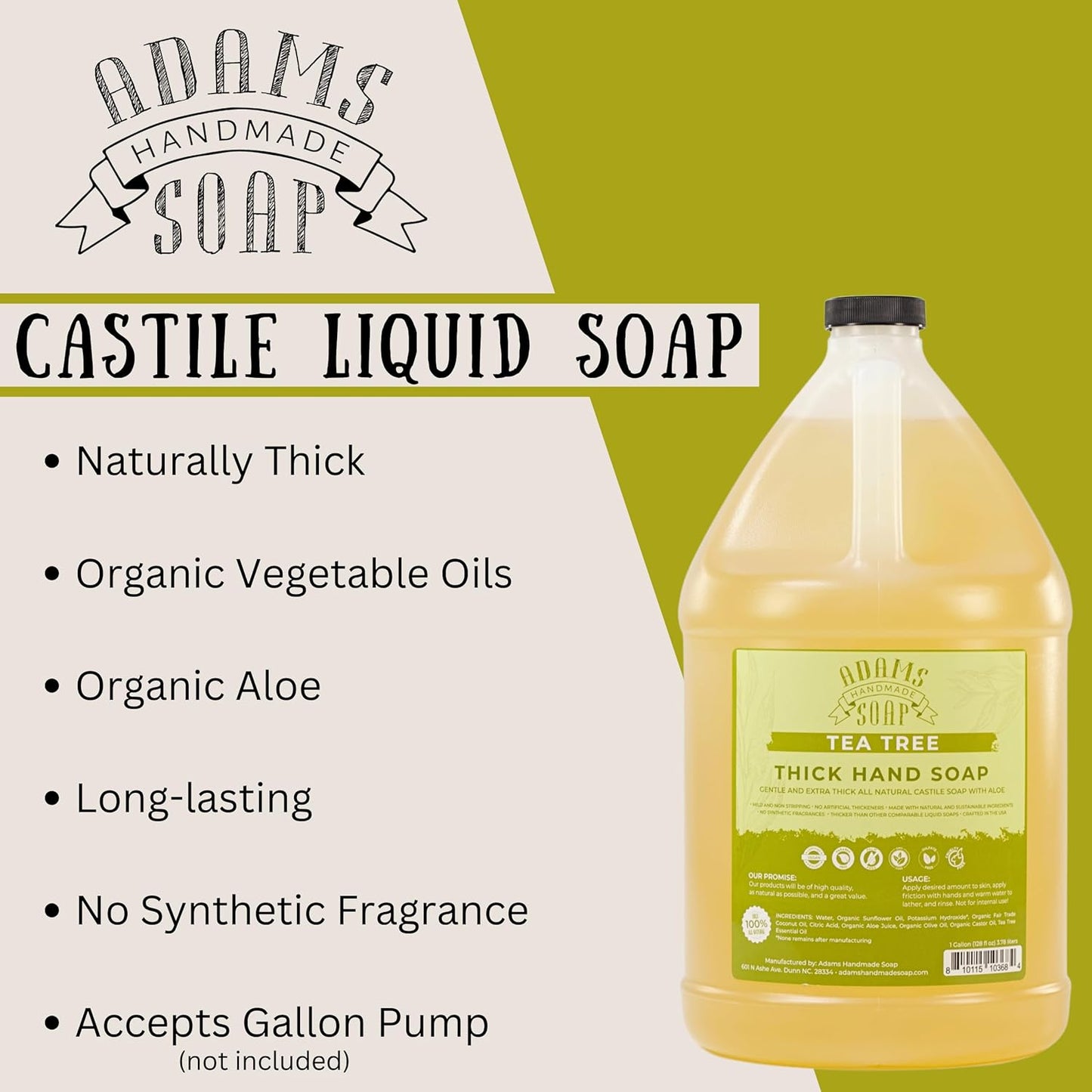 Adams Handmade Soap Thick Organic Castile Liquid Hand Soap 1 Gallon Refill - Tea Tree (Pack of 4)
