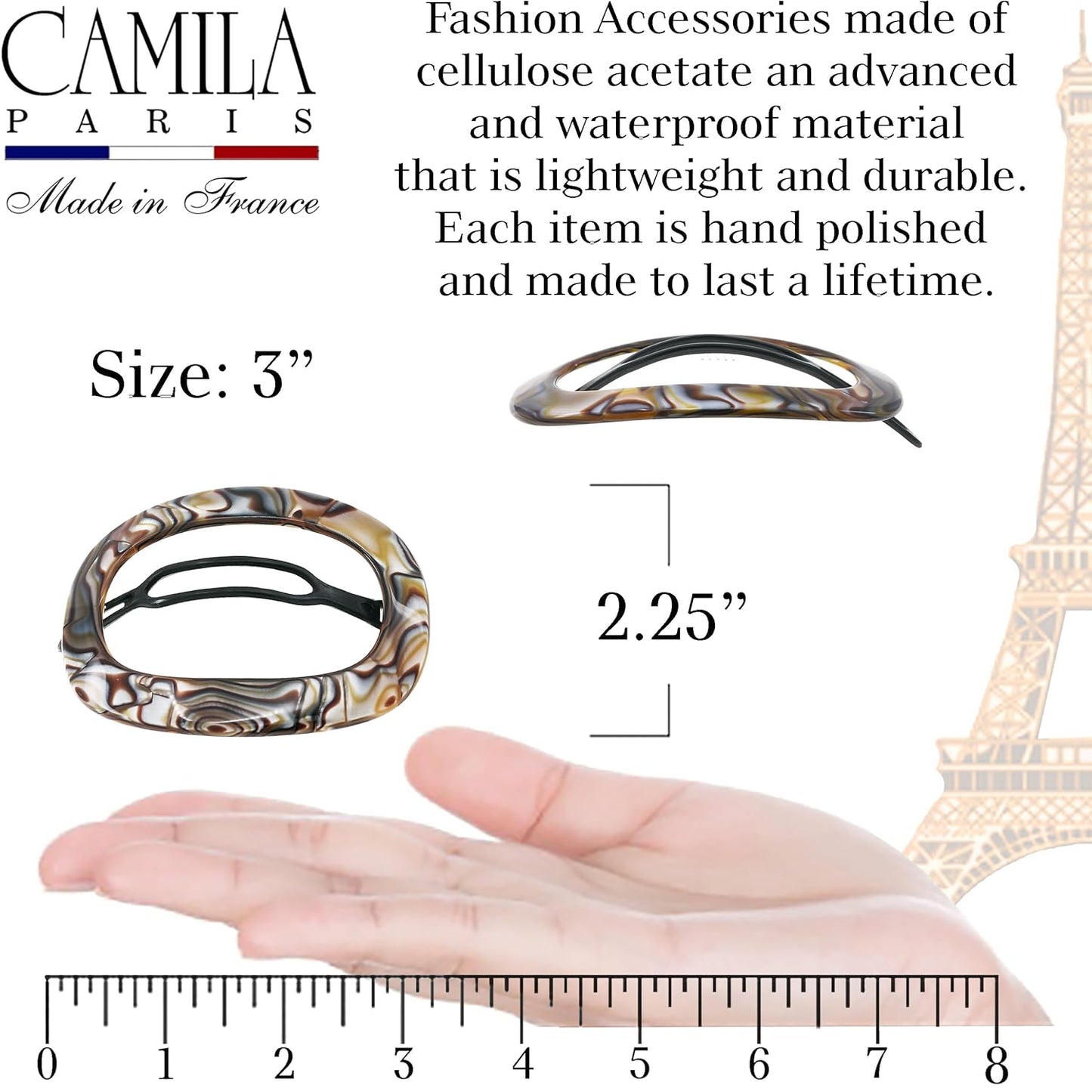 Camila Paris CP3355 French Hair Barrette Clip for Women, Handmade, Onyx, Slide-in Metal-Free Closure, Strong Hold Grip Hair Clips for Girls, No Slip Durable Styling Hair Accessories, Made in France