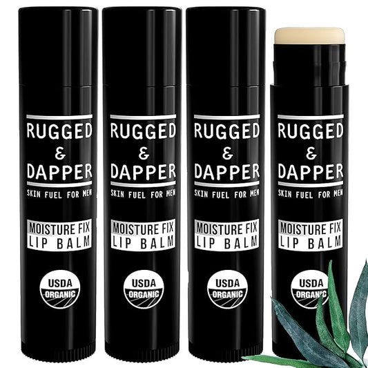 RUGGED & DAPPER Lip Balm for Men - Certified Organic + Natural Ingredients - 4 Pack - Hydrating Mens Chapstick - USA Made