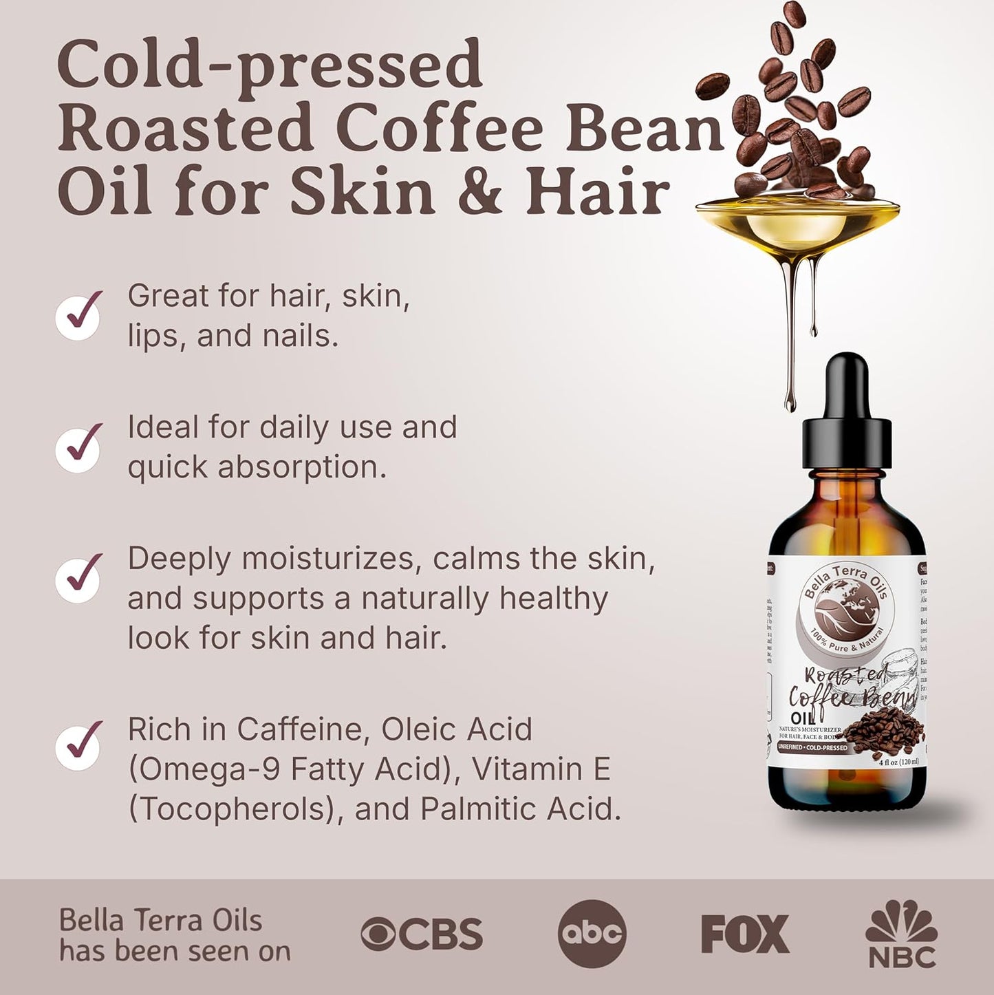 Bella Terra Oils – Roasted Bean Oil 8 oz – Pure Extract from Roasted Seeds, Enriched with Fatty Acids, An Elixir for Skin