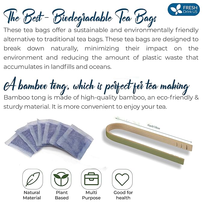 FreshDrinkUS, Premium 100 Blue Butterfly Pea Flowers Tea Bags, 100% Natural and Pure from Butterfly Pea Flowers, Made With Natural Material Tea Bag, No Sugar, No Caffeine, No Gluten, Vegan