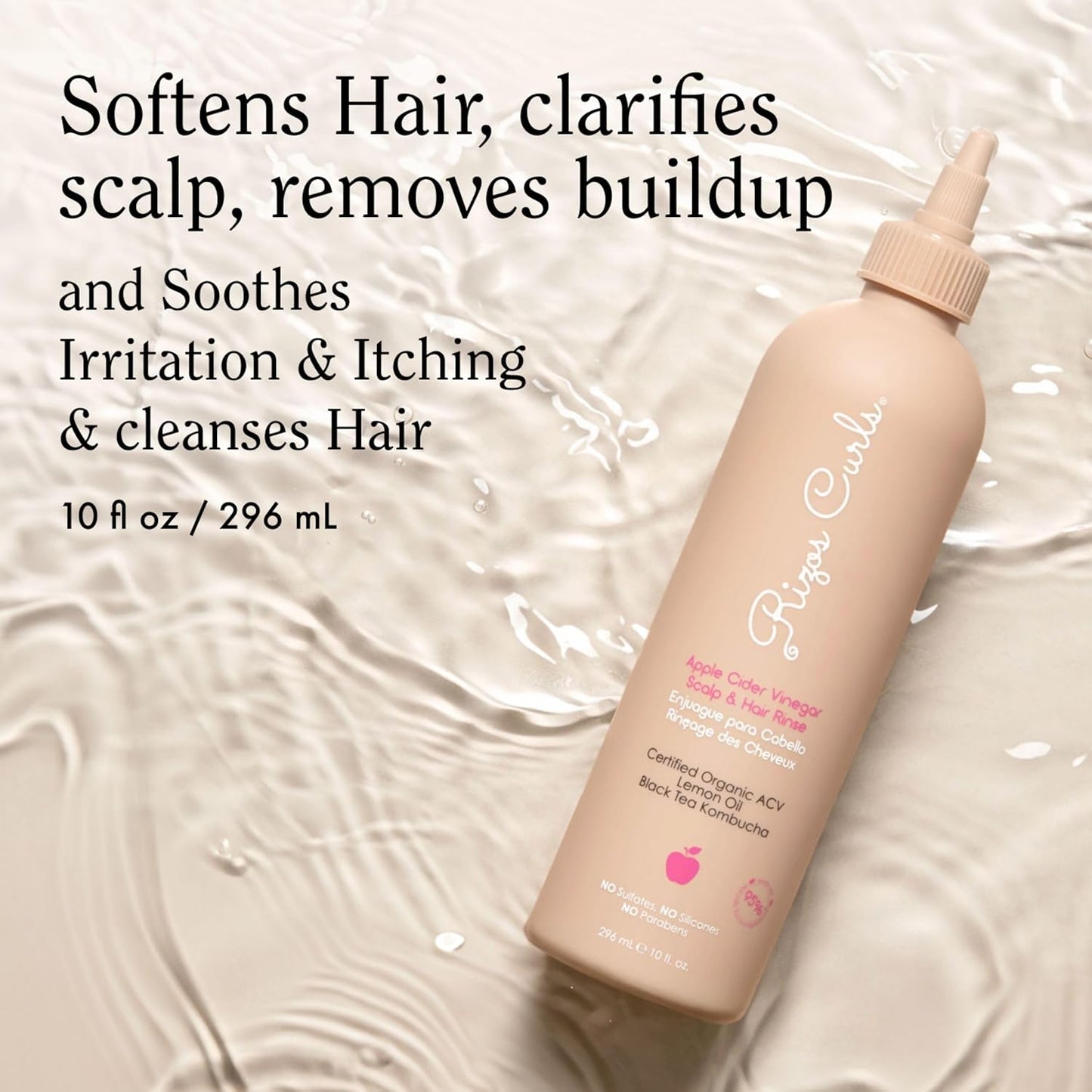 Rizos Curls Travel Apple Cider Vinegar Scalp & Hair Rinse, Clarifies to Remove Product Buildup, Balance Oils, Revive Hair & Scalp, Enhances Softness & Shine, 2.5 oz