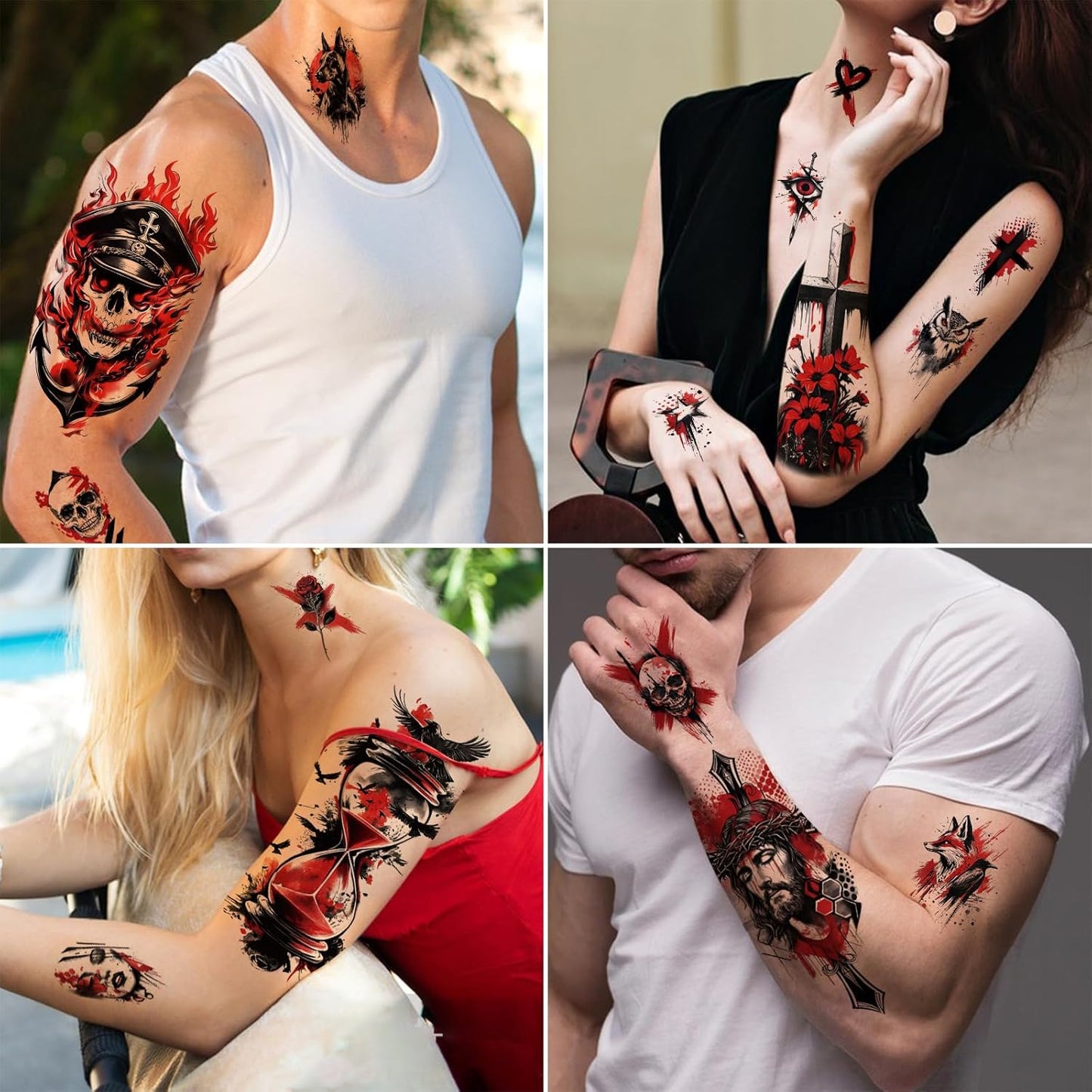 77 Sheets Temporary Tattoos, 17 Sheets Half Arm Black & Red Trash Polka Skull Heart Wolf Crow Cat Cross Flower for Adults Shoulder Neck, 60 Sheets Small Fake Tattoo Sticker for Teen Men Women Body Art