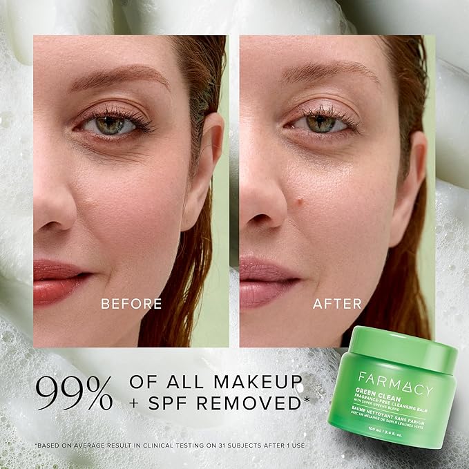 Farmacy Makeup Remover Cleansing Balm - Green Clean Waterproof Makeup Remover + Oil Based Cleanser - Newly Formulated Double Cleanser with Plant Based Waxes + Upcycled Moringa - Fragrance Free (30ml)