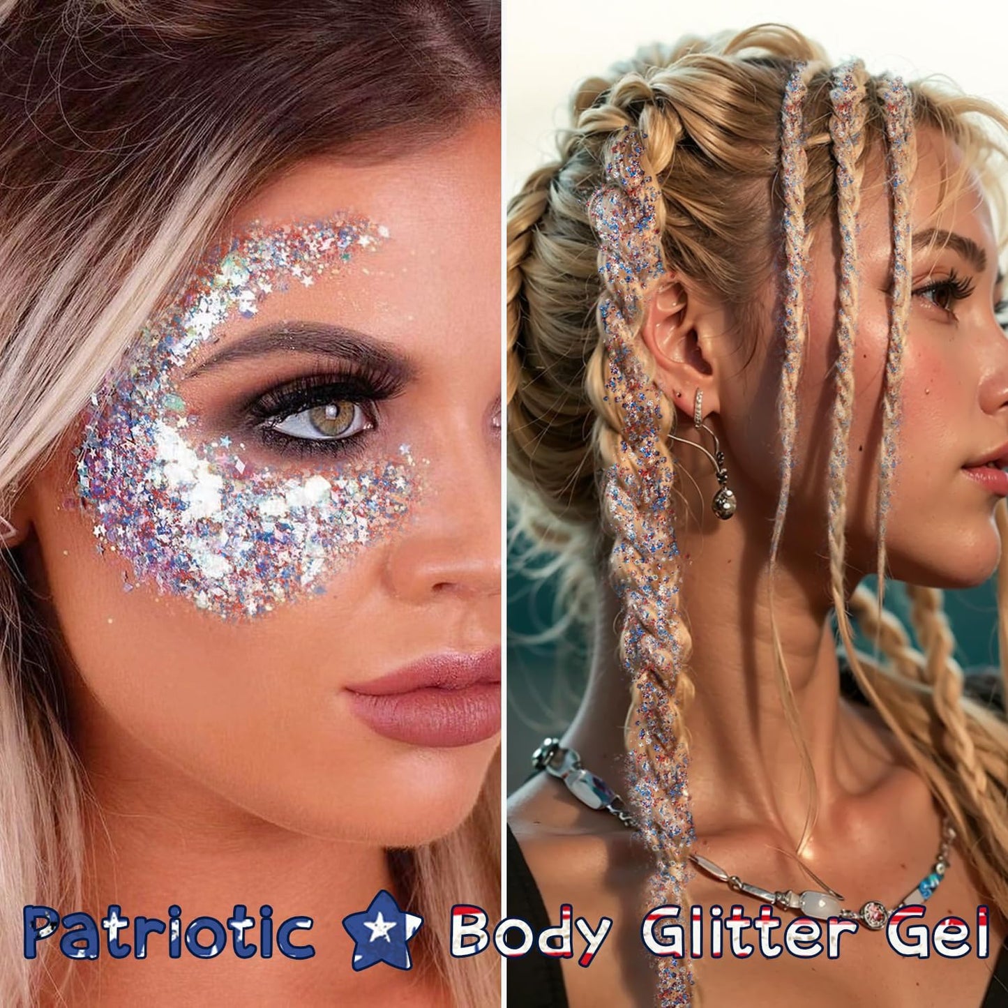 Patriotic Body Glitter Stick, Waterproof Face Glitter Gel, Chunky Glitter Face Paint, 4th of July Red White Blue Sequin Hair Glitter Makeup for American Pride USA Flag Makeup for Independence Day