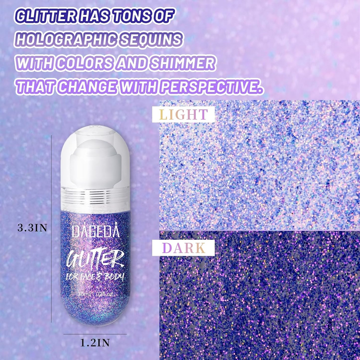 DAGEDA Body Glitter Gel, Roll-on Face Glitter for Mermaid Makeup Festival Rave Accessories, Holographic Hair Glitter Gel,Body Shimmer Halloween Makeup for Rave Party(Crazy Purple)