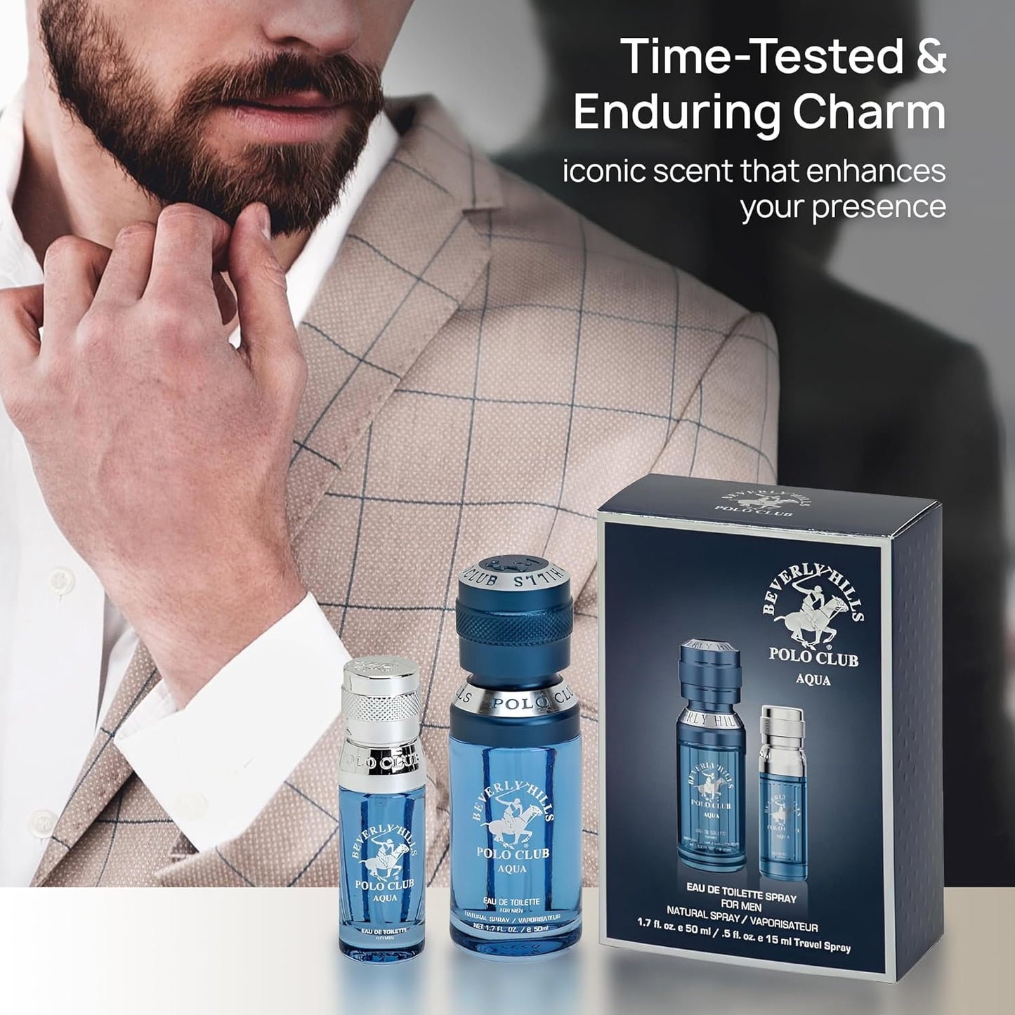 Beverly Hills Polo Club BHPC Men's Eau De Toilette Aqua Bonus Pack - Long-Lasting Fragrance for Him, 2.2 Fl Oz Total (1.7oz + Travel 0.5oz)